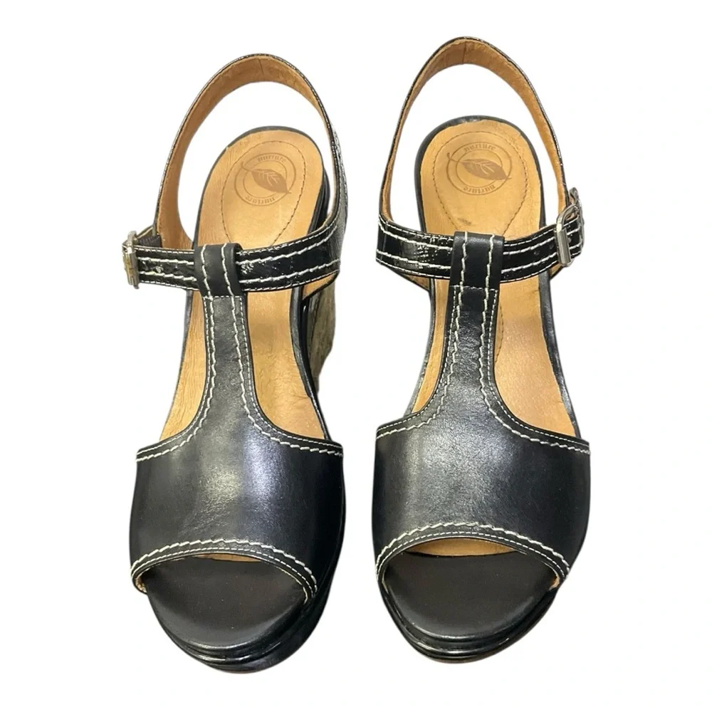 🌿 Nurture Women’s 9M Black Leather Espadrille Wedge Sandal Platform Heel NIB‎